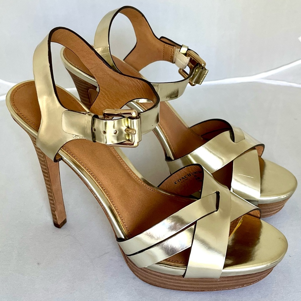 Coach Dani Gold Metallic Platform Stiletto Open Toe Heels Ankle Strap Size 8.5